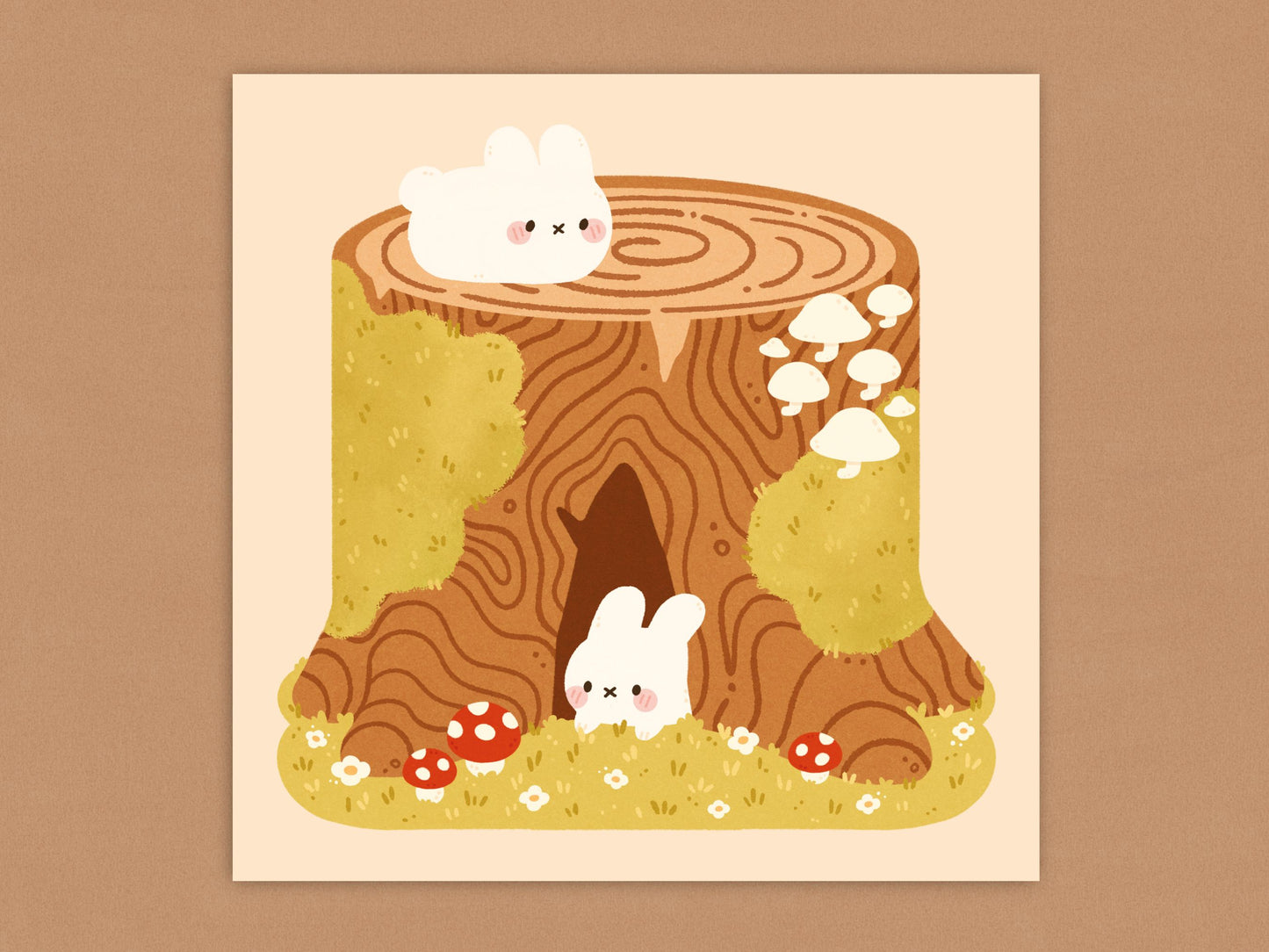 Bunnies on Tree Stump Square Art Print