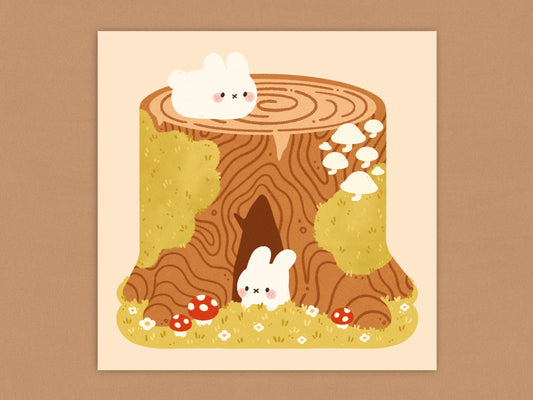 Bunnies on Tree Stump Square Art Print