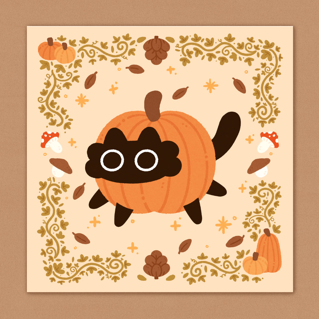 Autumn Pumpkin Cat Square Art Print
