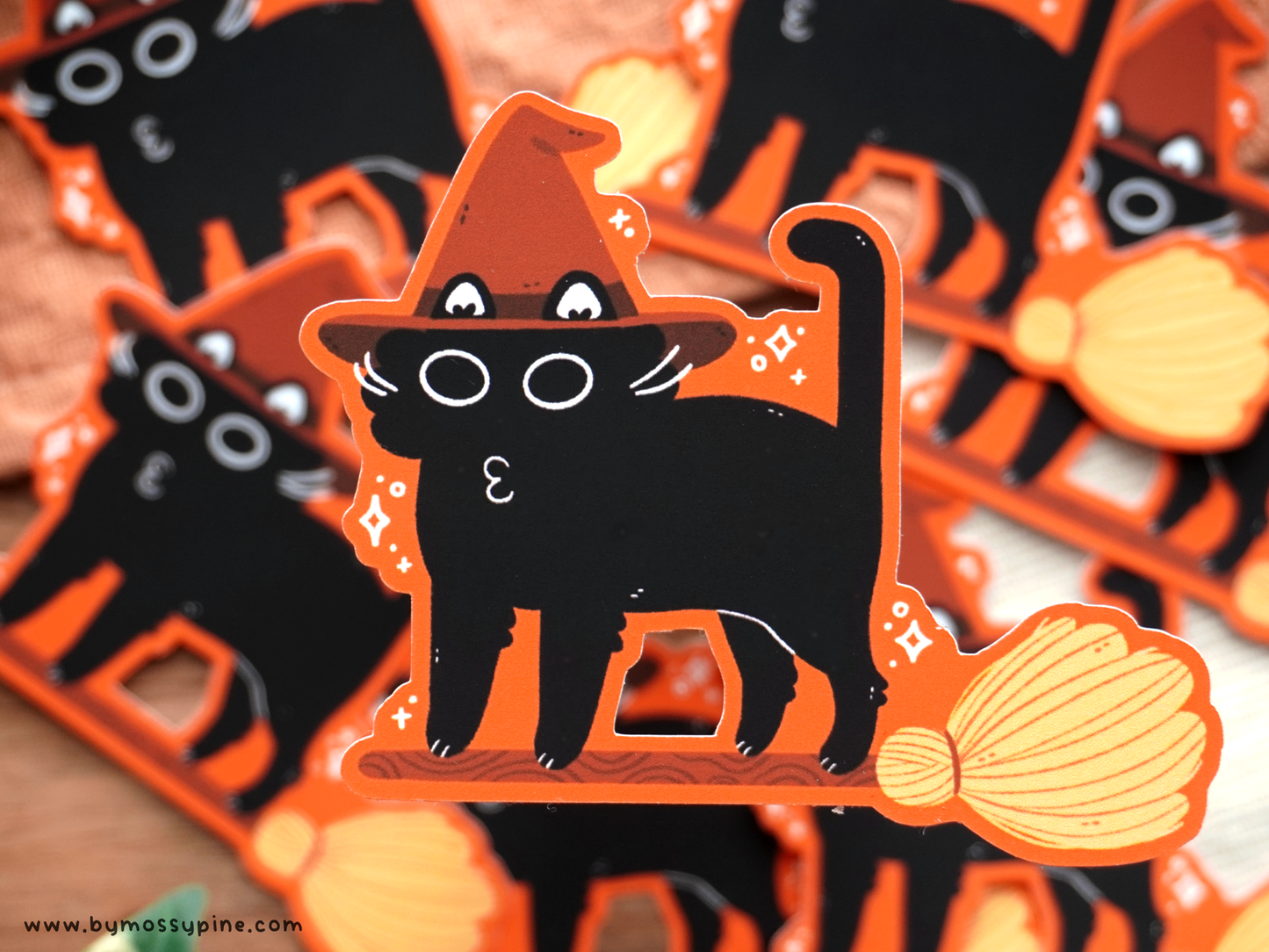Witch Cat On Broom Sticker - Bymossypine