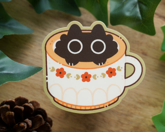 Black Cat White Teacup Vinyl Sticker