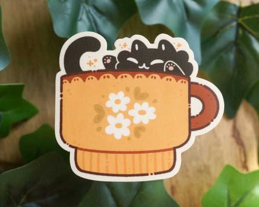 Yellow Teacup Cat Vinyl Sticker