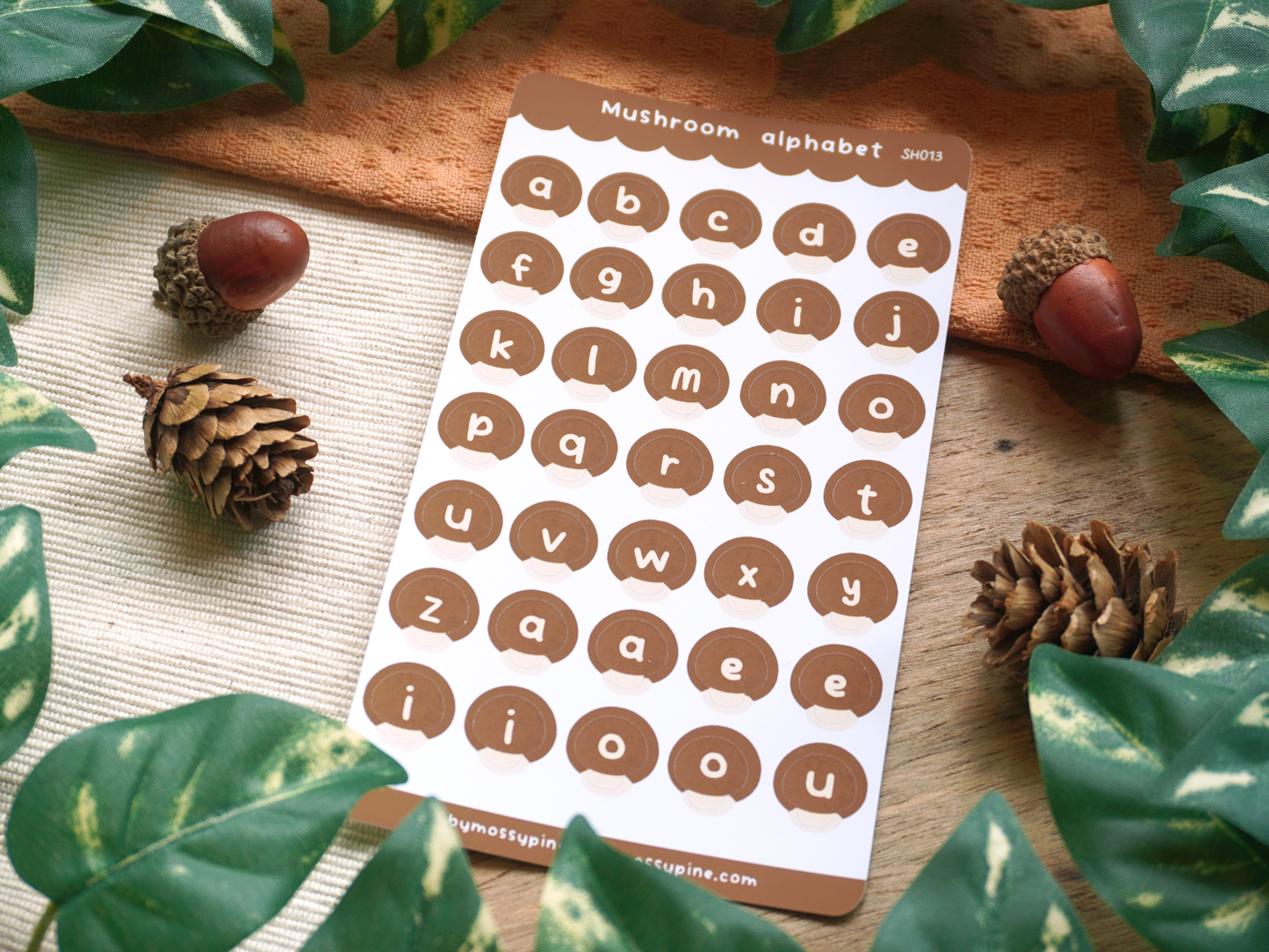 Brown Mushroom Alphabet Sticker sheet