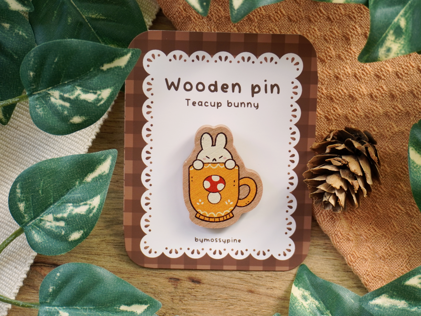 Yellow Mushroom Teacup Bunny Wooden Pin