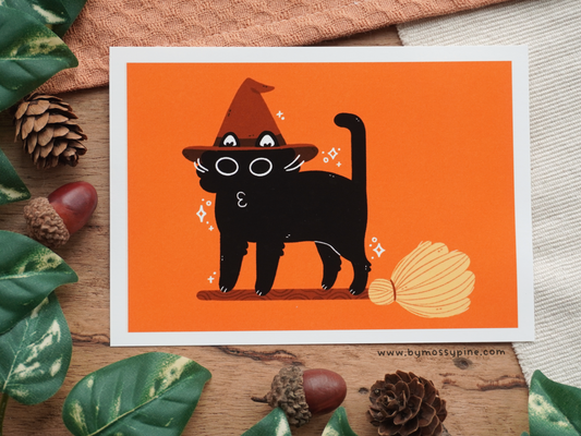 Witch Cat On Broom Sticker Art Print