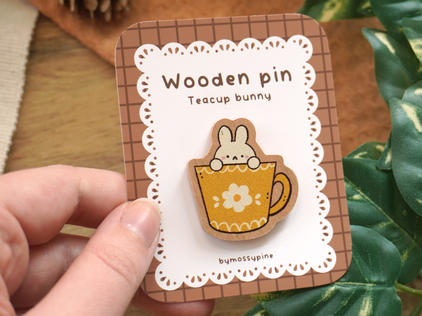 Green Teacup Bunny Wooden Pin