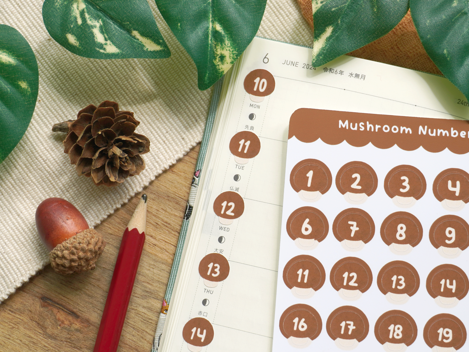 Brown Mushroom Numbers Sticker sheet - Bymossypine