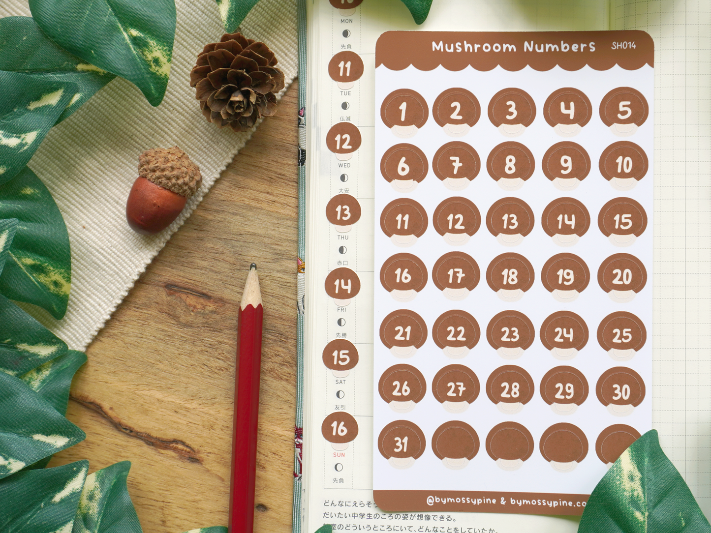 Brown Mushroom Numbers Sticker sheet - Bymossypine