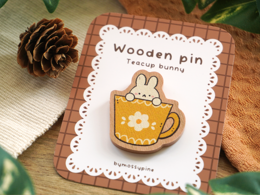 Green Teacup Bunny Wooden Pin - Bymossypine