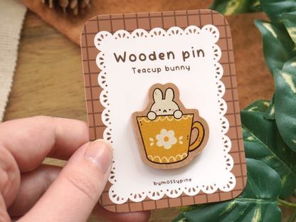 Green Teacup Bunny Wooden Pin - Bymossypine