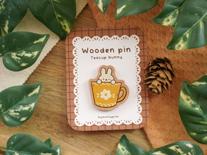 Green Teacup Bunny Wooden Pin - Bymossypine