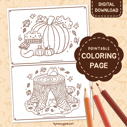 Pumpkin Cats & Tree Log | Printable Cozy Coloring Pages