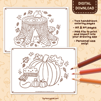 Pumpkin Cats & Tree Log | Printable Cozy Coloring Pages