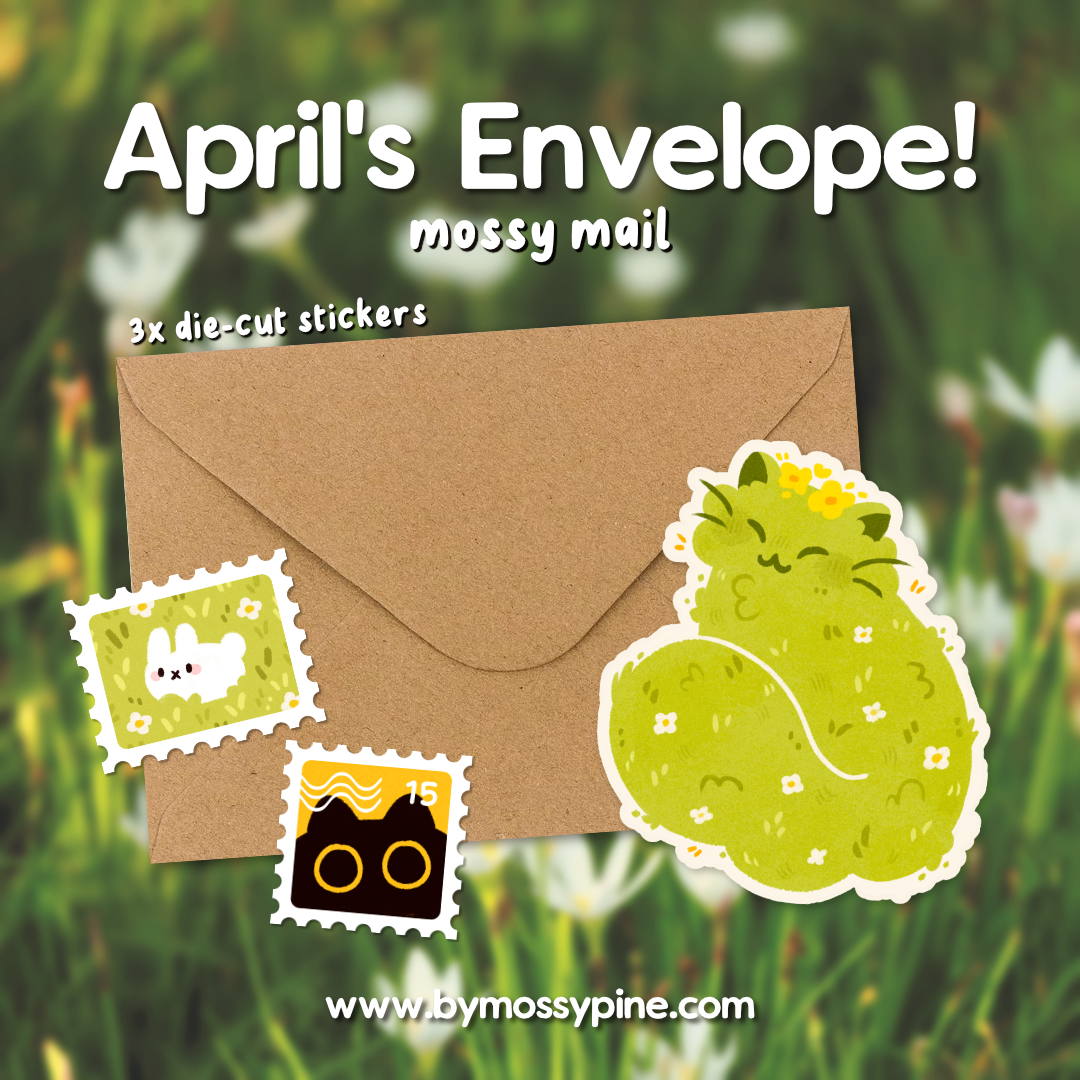 Sticker set with a brown envelope and die-cut stickers on a grassy background, featuring 'April's Envelope!' and 'mossy mail'.