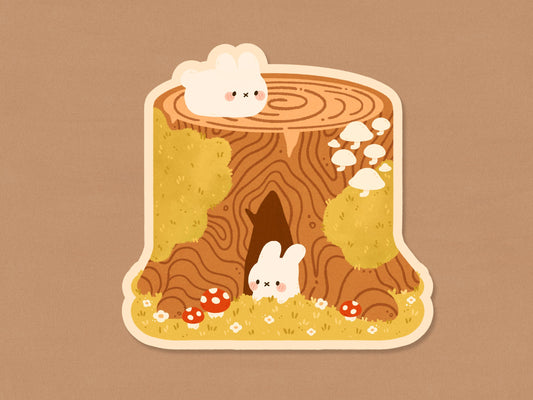 Bunnies on Tree Stump Vinyl Sticker