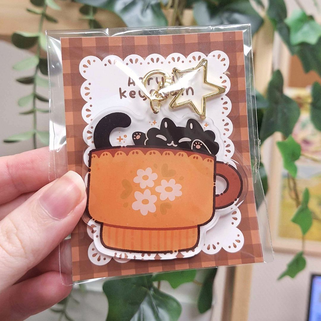 Yellow Teacup Cat Acrylic Keychain