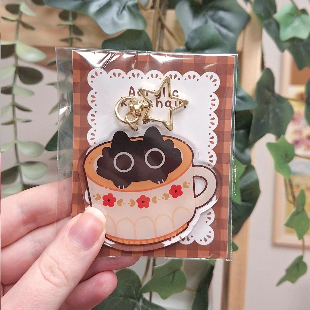 White Teacup Cat Acrylic Keychain