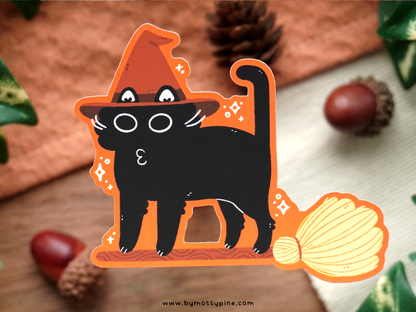 Witch Cat On Broom Sticker - Bymossypine