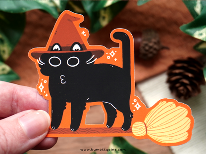Witch Cat On Broom Sticker - Bymossypine