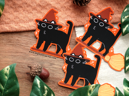 Witch Cat On Broom Sticker - Bymossypine