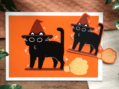 Witch Cat On Broom Sticker - Bymossypine