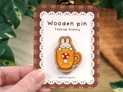 Yellow Mushroom Teacup Bunny Wooden Pin - Bymossypine