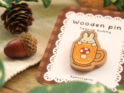 Yellow Mushroom Teacup Bunny Wooden Pin - Bymossypine