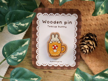 Yellow Mushroom Teacup Bunny Wooden Pin - Bymossypine