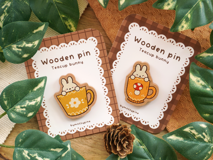 Yellow Mushroom Teacup Bunny Wooden Pin - Bymossypine