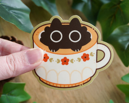 Black Cat White Teacup Vinyl Sticker