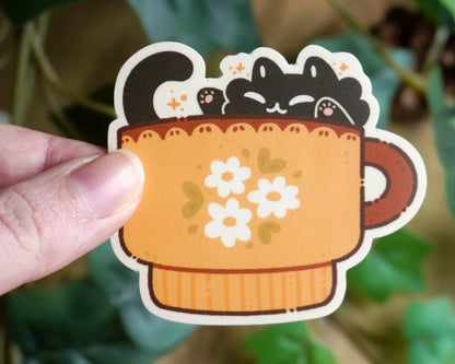 Yellow Teacup Cat Vinyl Sticker