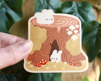 Bunnies on Tree Stump Vinyl Sticker