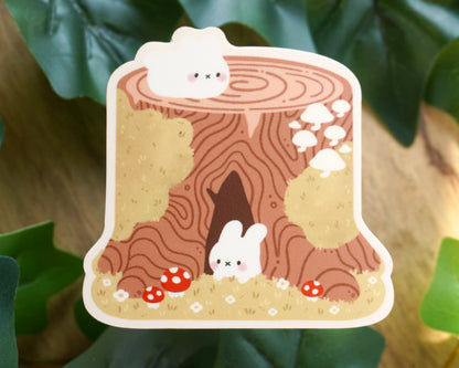 Bunnies on Tree Stump Vinyl Sticker